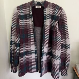 VTG St John for Neman Marcus  Plaid Jacket Cardigan Maroon Multi Open /Angora?